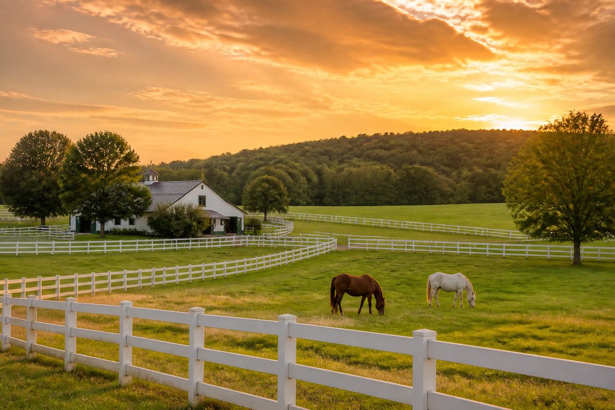 Cottontown, Tennessee — horse farm with white barn and pastures at sunset